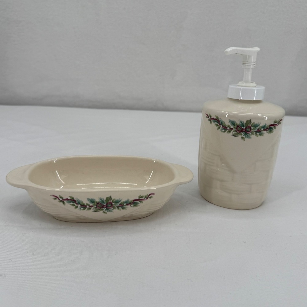 Vintage 90s Pfaltzgraff Holly Joy Basketweave Ceramic Soap Dispenser & Dish Set